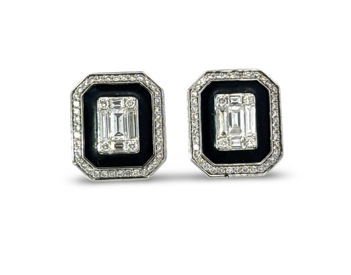 Modern Diamond and Black Enamel 14Kt White Gold Earrings
