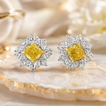 2.50 CTW Yellow & White Lab Grown Diamond Floral Cluster Stud 14K Yellow Gold Earrings