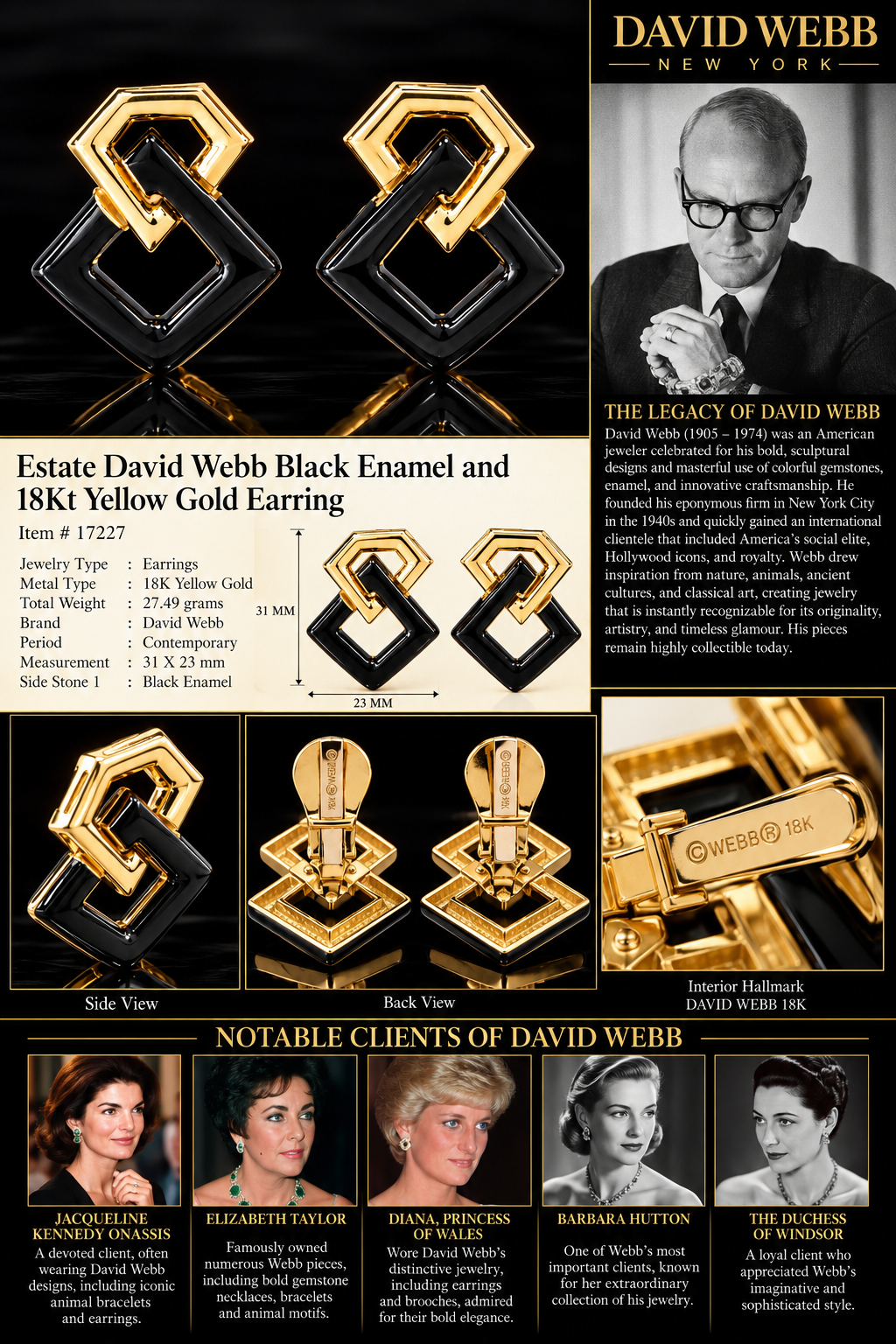 Estate David Webb Black Enamel and Diamond 18Kt Yellow Gold Earring