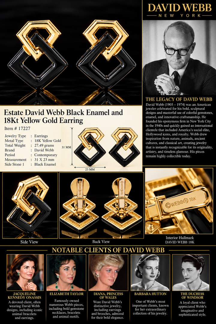 Estate David Webb Black Enamel and Diamond 18Kt Yellow Gold Earring
