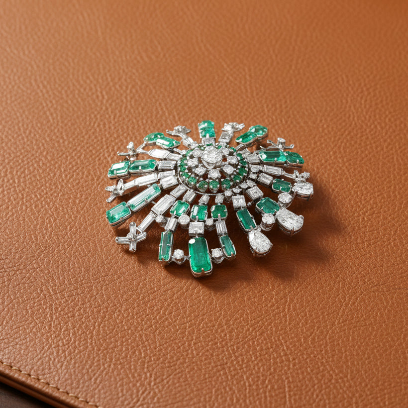 Mid Century 1960's Modern 14kt White Gold Emerald and Diamond Starburst Brooch