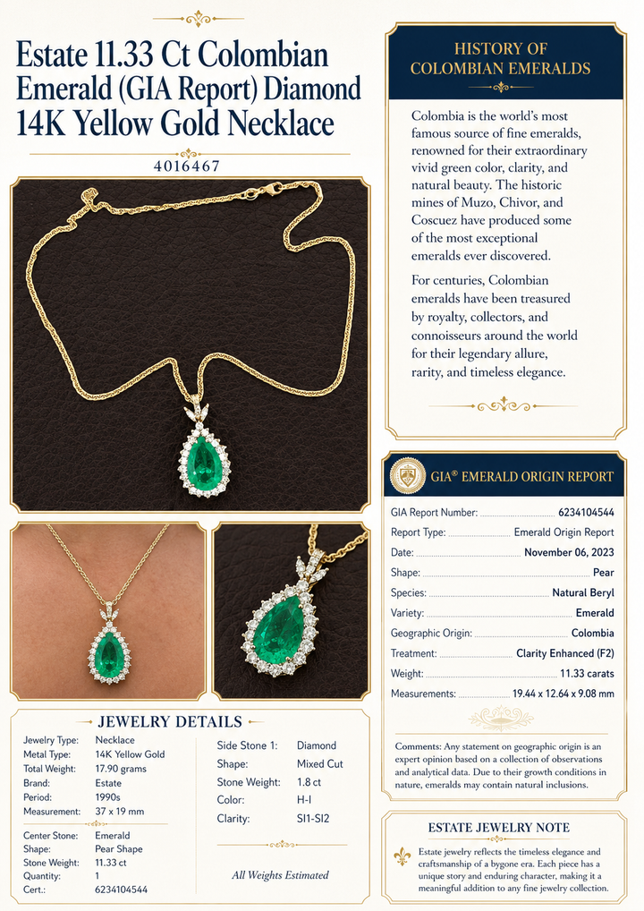 Estate 11.33 Columbia Emerald (GIA Report) Diamond 14kt Yellow Gold Necklace