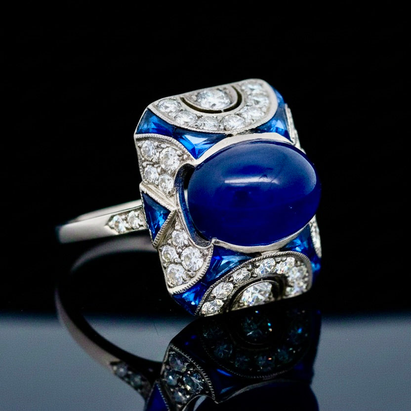 Art Deco 5.30 ct No Heat Sapphire (GIA), Diamond and Platinum Ring