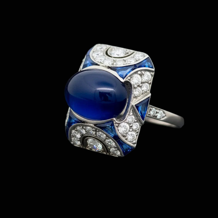 Art Deco 5.30 ct No Heat Sapphire (GIA), Diamond and Platinum Ring