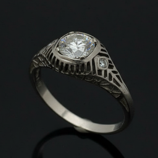 Art Deco (.78ct) Old European Cut 18K White Gold Ring