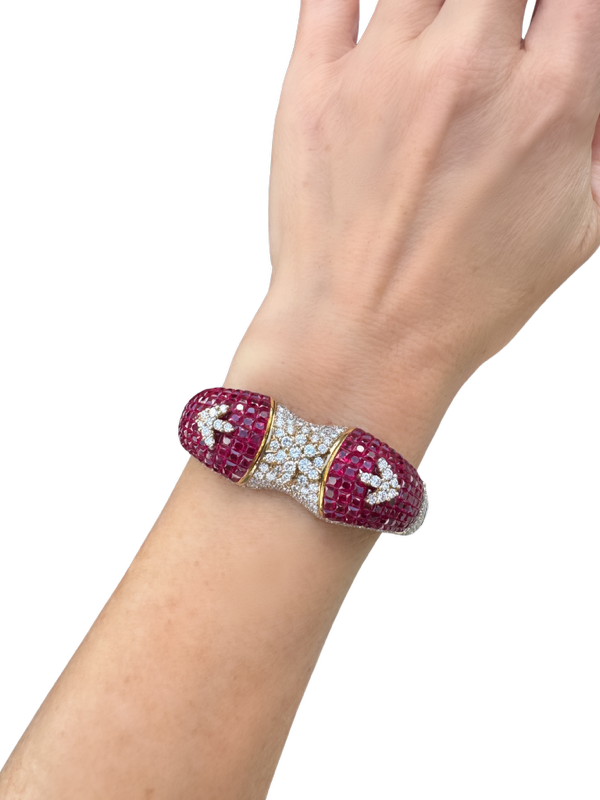 Italian French Cut Ruby and Pave Diamond 18Kt White & Yellow Gold Bangle