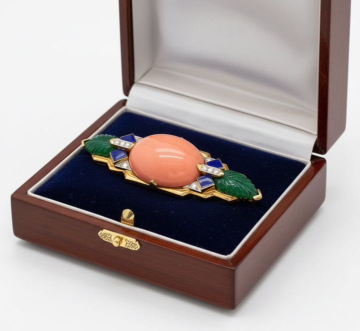 David Webb Coral, Emerald, Diamond and Lapis Lazuli Brooch