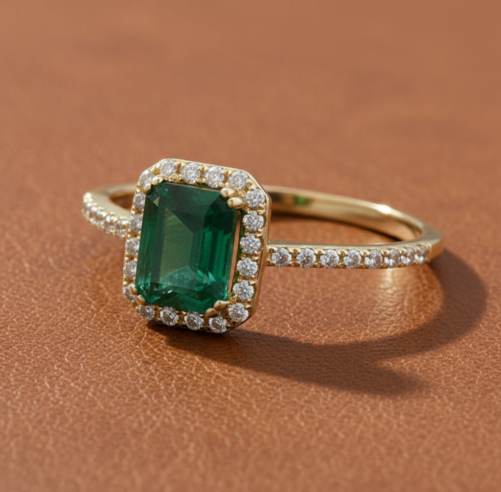Effy Emerald, Diamond and 14K Yellow Gold Halo Ring