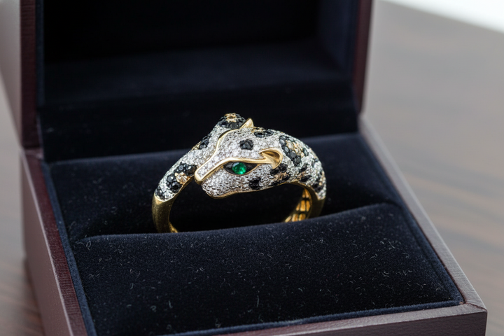 Effy Collection - White, Black Espresso Diamond and Tsavorite 14K Yellow Gold Panther Ring 15179