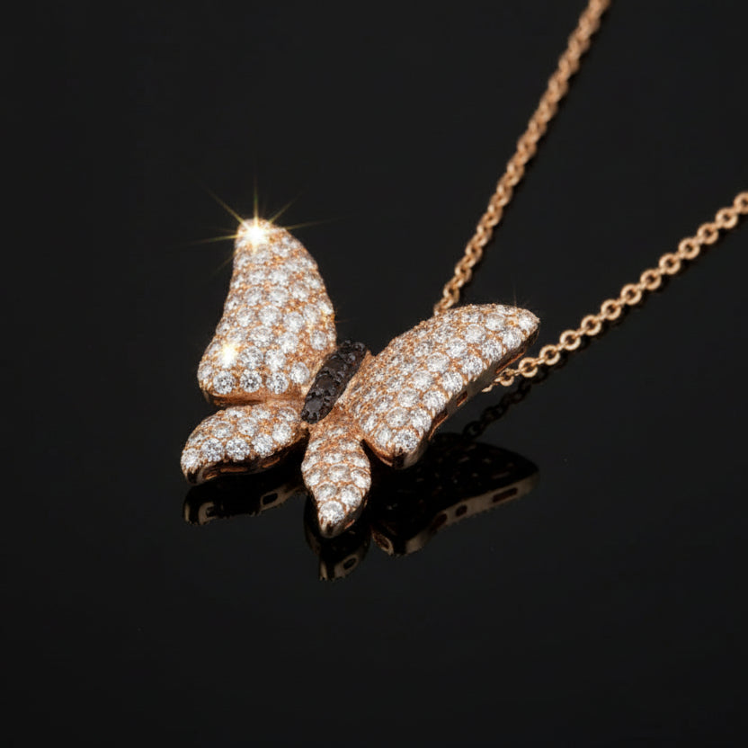 Effy White and Black Diamond and 14K Rose Gold Butterfly Necklace