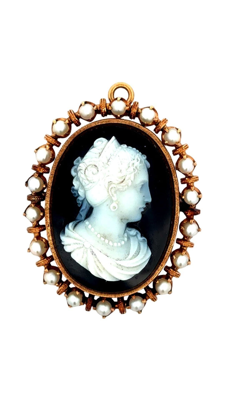 Estate Cultured Pearl Cameo 18K Yellow Gold Earrings Brooch Suite 15625
