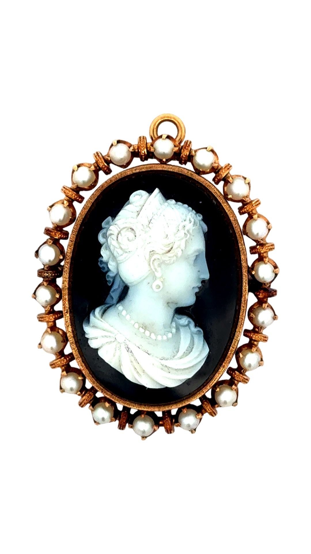 Estate Cultured Pearl Cameo 18K Yellow Gold Earrings Brooch Suite 15625