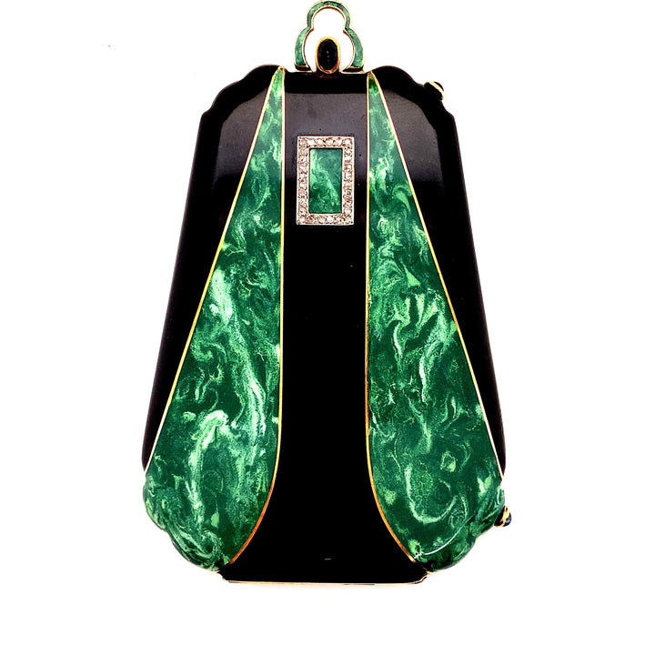 Vintage Diamond, Green and Black Enamel 18K Yellow Gold Compact