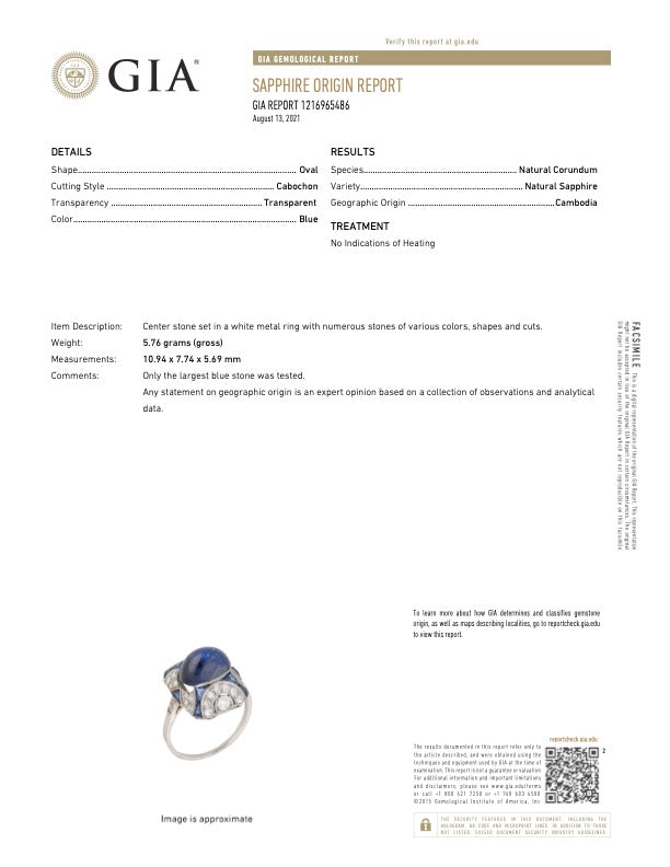 Art Deco 5.30 ct No Heat Sapphire (GIA), Diamond and Platinum Ring