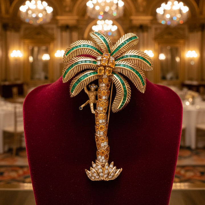 Italian Modern 1980's 18K Yellow God 15.00 cttw Yellow Sapphire, Emerald and Diamond Monkey on Palm Tree Brooch