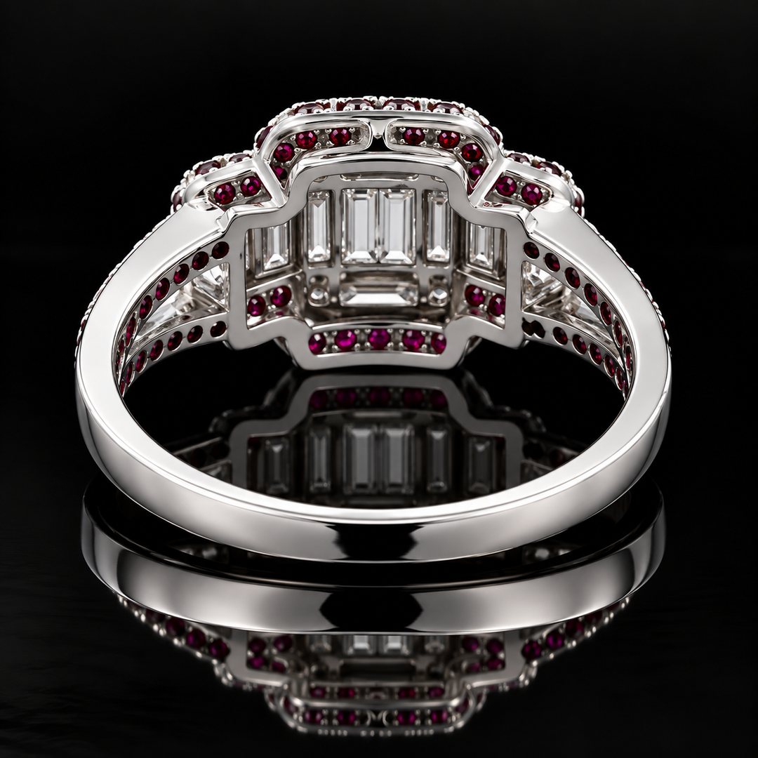 Estate Designer Diamond & Ruby 18K White Gold Ring