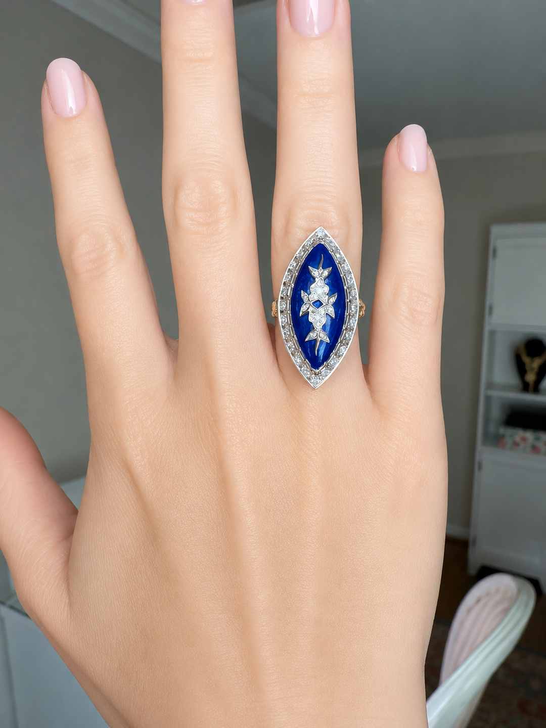 Vintage Diamond & Blue Enamel 18K White & Yellow Ring