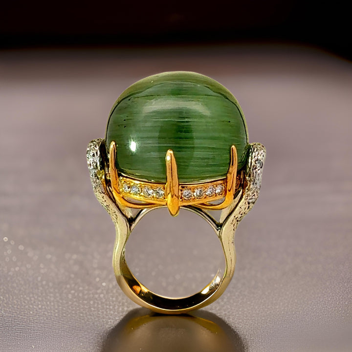 Custom Made Designer 61 Carat Cats Eye Tourmaline, Diamond, Platinum and 18K Yellow Gold Ring