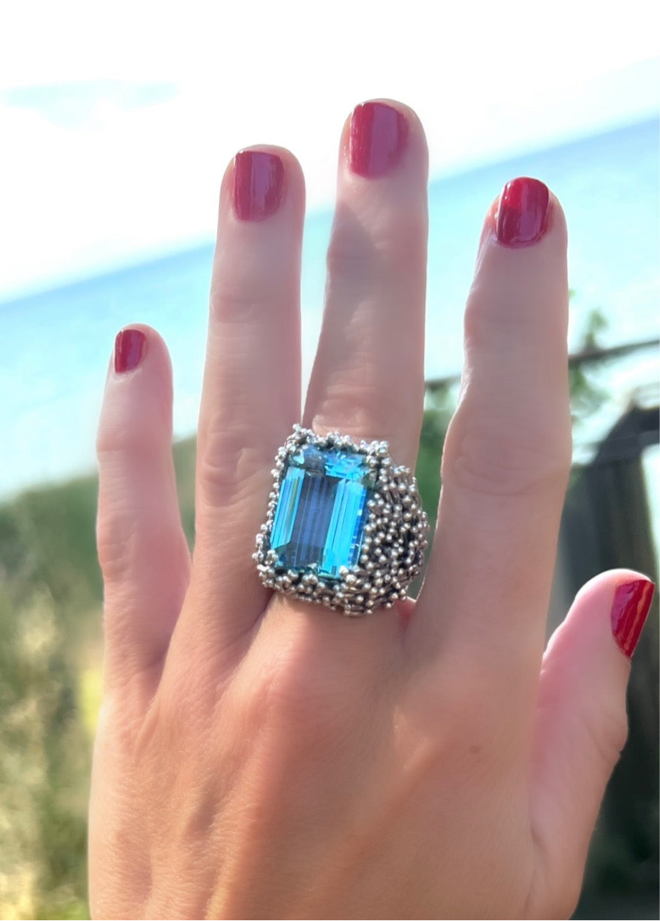 Custom Made Aquamarine and 18k White Gold Thistle Ring