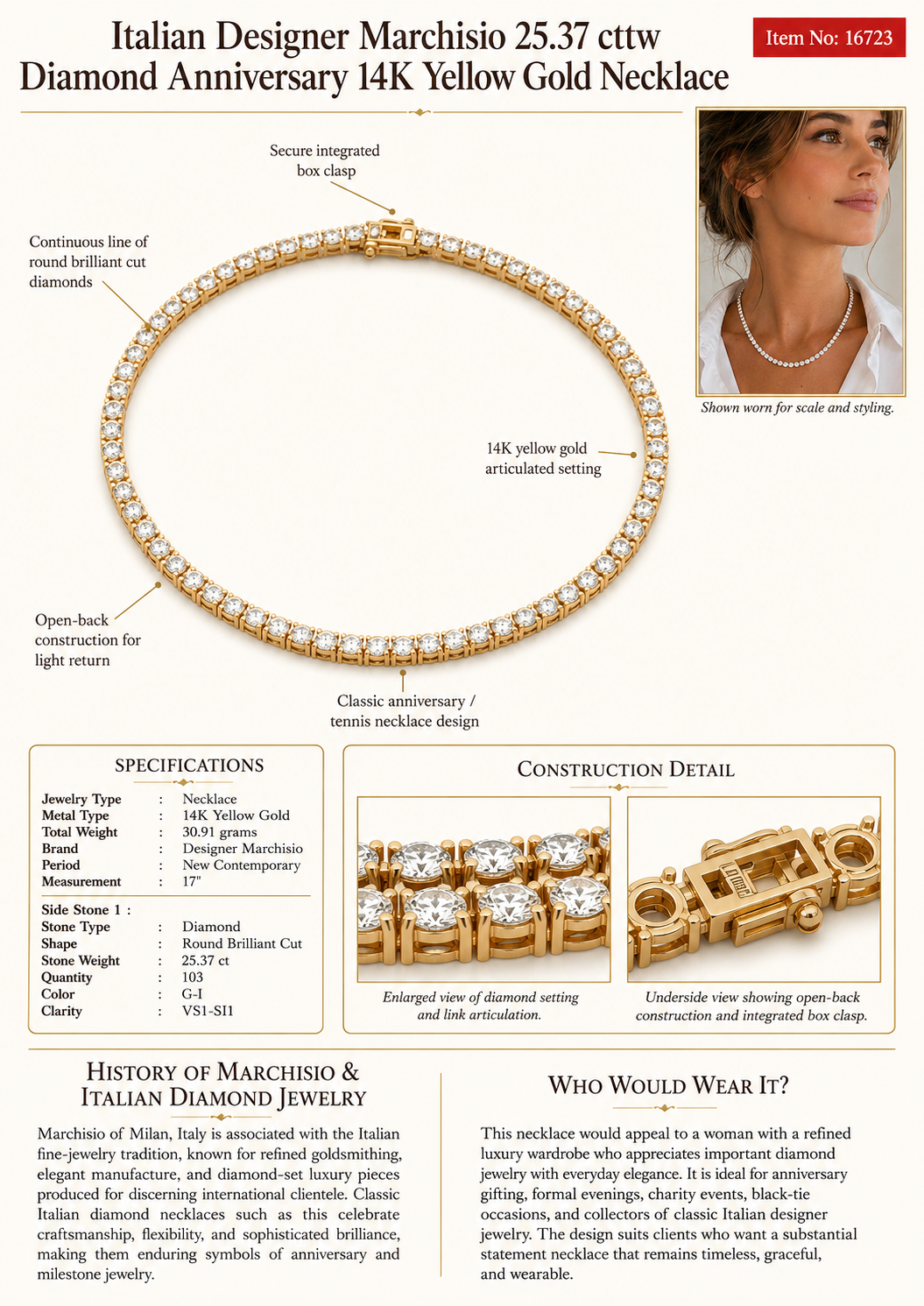 Designer Marchisio Contemporary 25.37cttw Diamond Anniversary 14K Yellow Gold Necklace