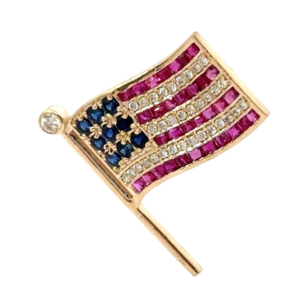 American Flag Diamond, Ruby and Sapphire 14K Yellow Gold Lapel Brooch