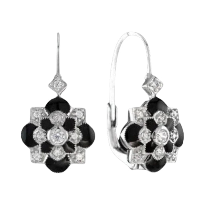 Diamond and Black Enamel Dangle 14K White Gold Earrings