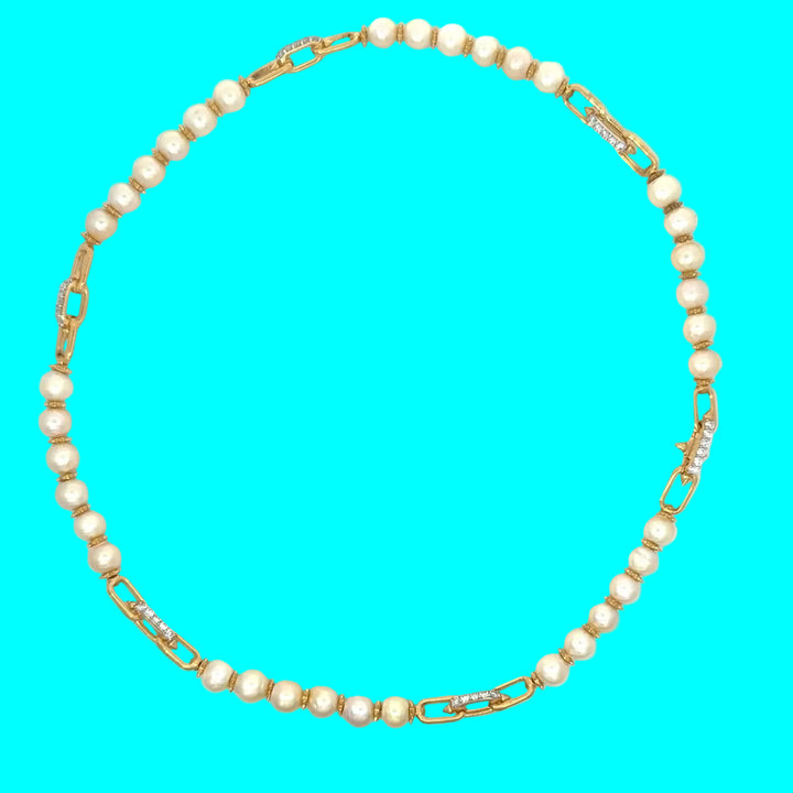 Freshwater Pearl and Lab Diamond Station Paperclip Necklace