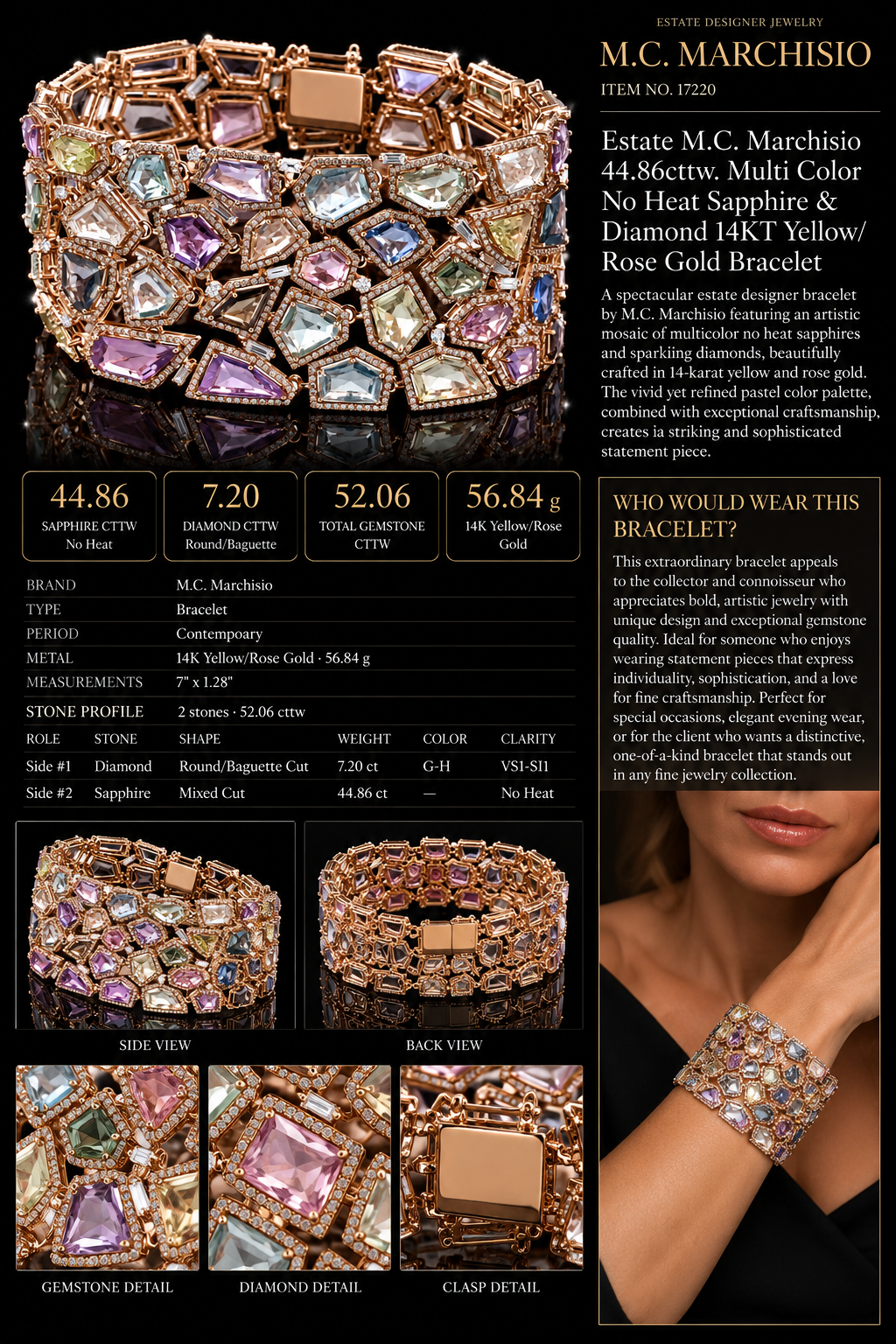 Estate M.C. Marchisio 44.86cttw. Multi Color No Heat Sapphire & Diamond 14KT Yellow/Rose Gold Bracelet