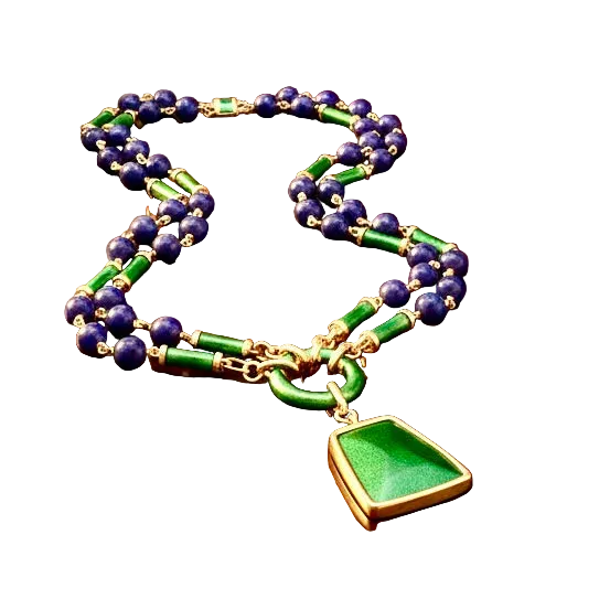 Vintage David Webb 1145cttw Lapis, Green Enamel 18Kt Yellow Gold 34" Necklace