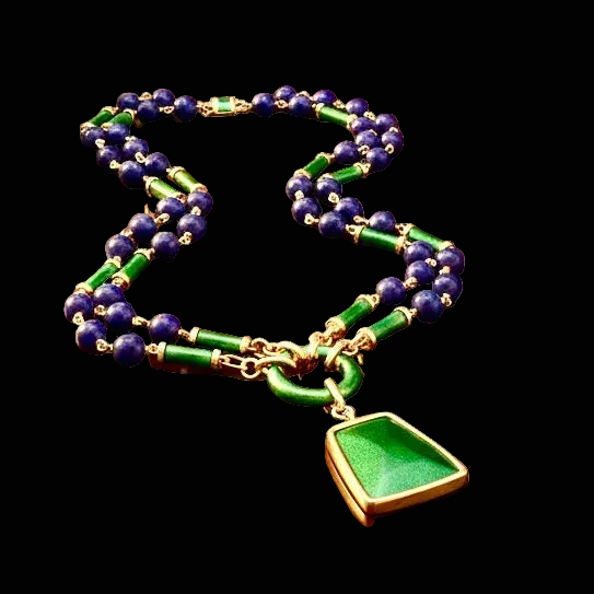 Vintage David Webb 1145cttw Lapis, Green Enamel 18Kt Yellow Gold 34" Necklace