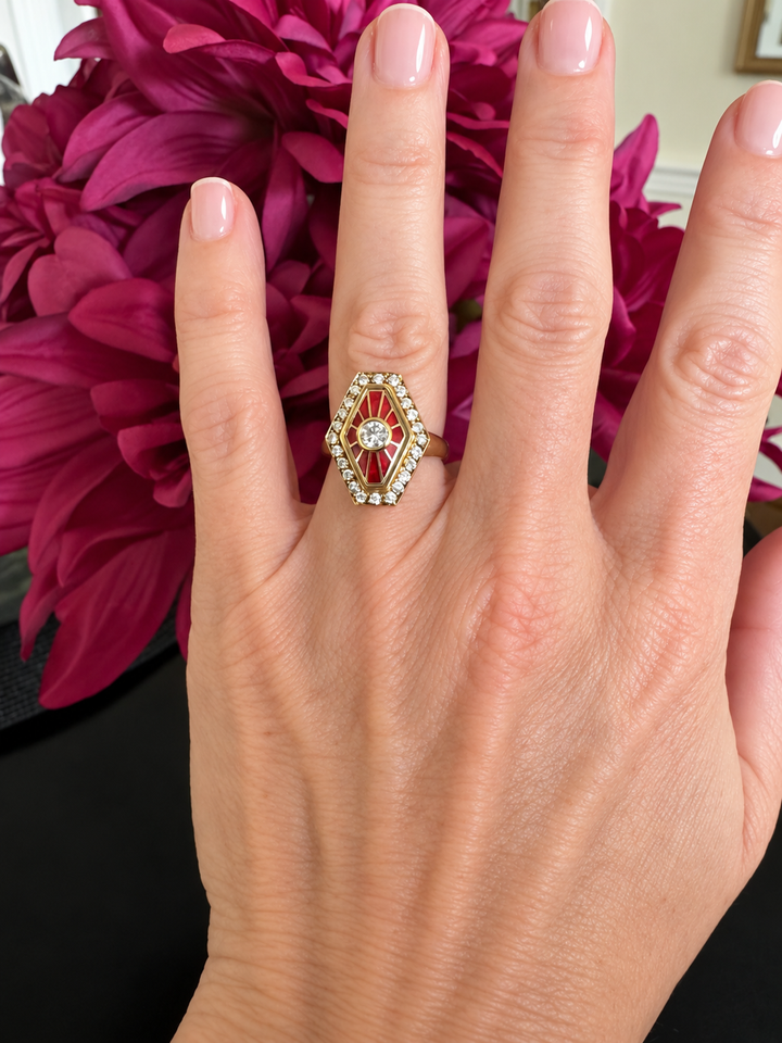 18K Yellow Gold Diamond & Red Enamel Cocktail Ring