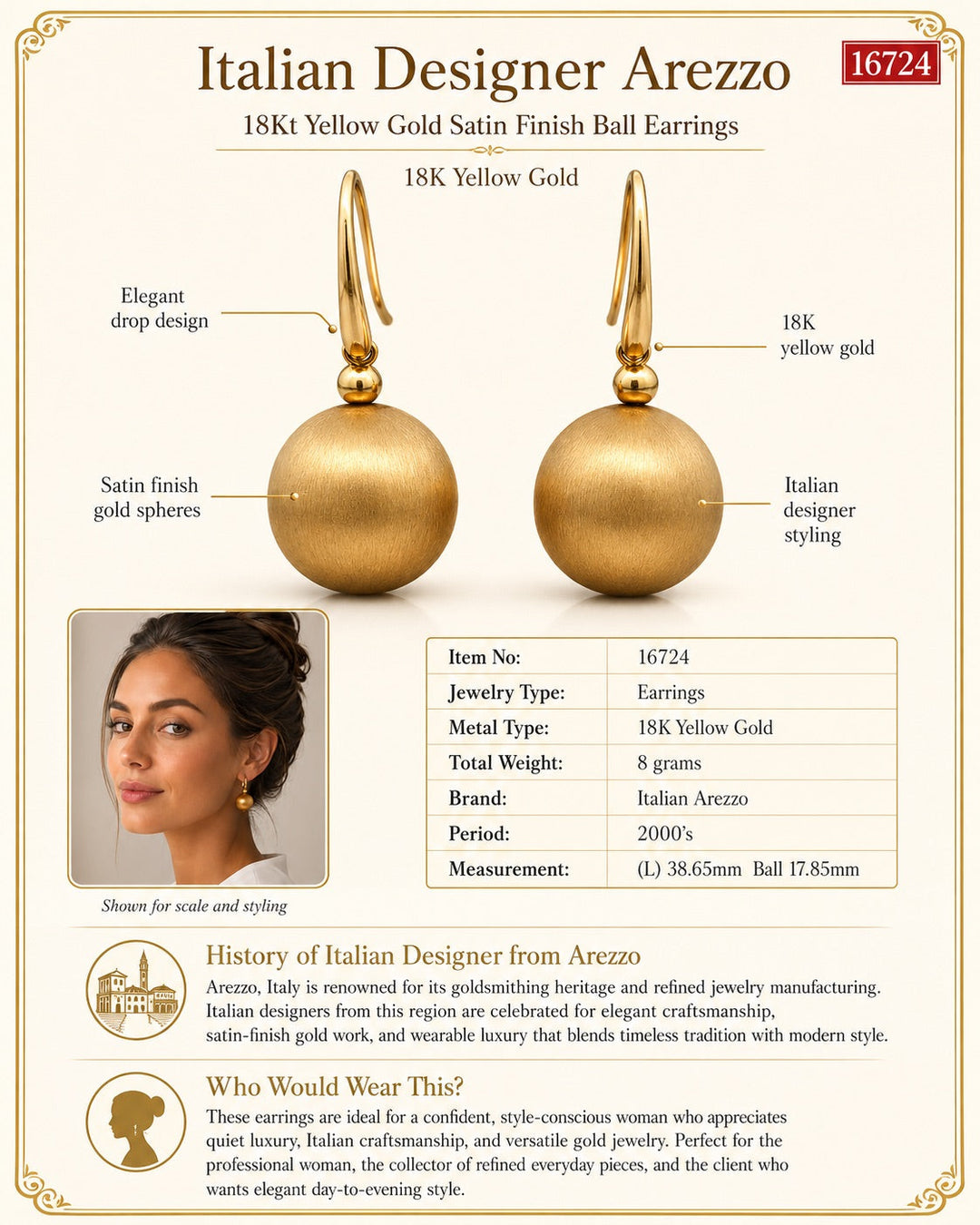 Estate Italian Designer 18Kt Yellow Gold Satin Finish Ball Earring