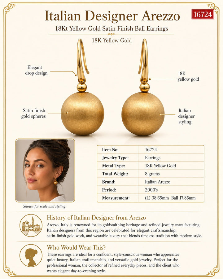 Estate Italian Designer 18Kt Yellow Gold Satin Finish Ball Earring