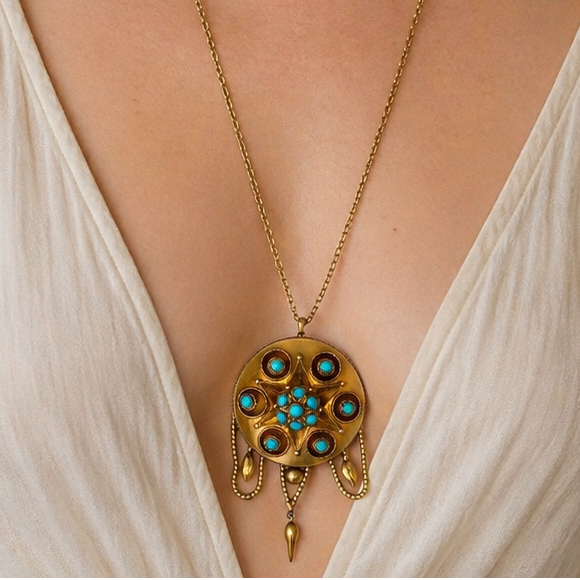 Victorian 1870's Turquoise and 14Kt Yellow Gold Pendant Brooch