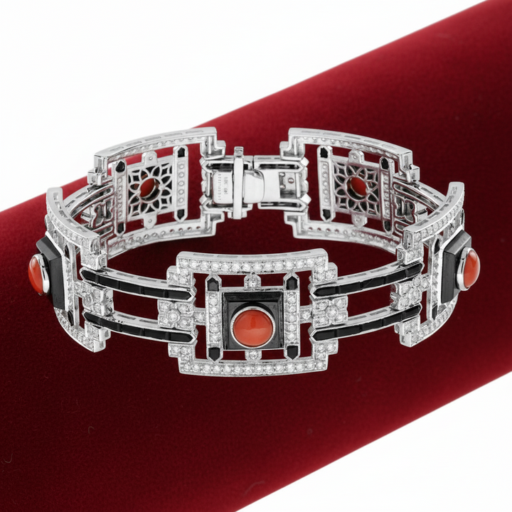 Custom Made Diamond Coral Onyx White 18K White Gold Bracelet