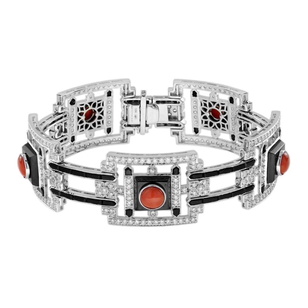 Custom Made Diamond Coral Onyx White 18K White Gold Bracelet