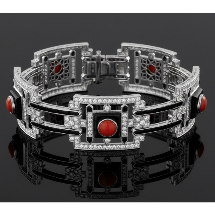 Custom Made Diamond Coral Onyx White 18K White Gold Bracelet