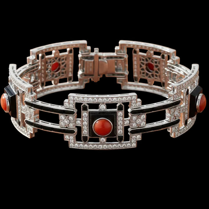 Custom Made Diamond Coral Onyx White 18K White Gold Bracelet