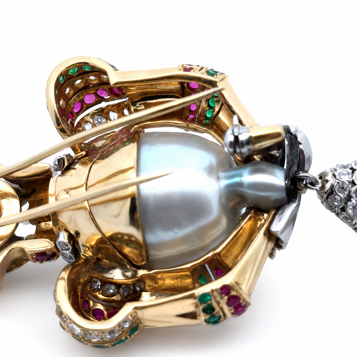 Estate Royal Coronation Diamond, Emerald, Burma Ruby, South Sea Pearl Pendant/Brooch 18Kt Yellow/White Gold
