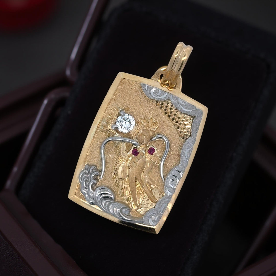 33.78 grams 18K Yellow Gold and Platinum Diamond Ruby Dragon Pendant