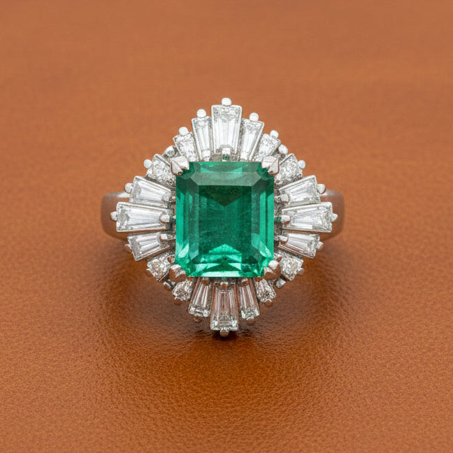 Mid Century Modern Colombia Emerald and Diamond Platinum Ring