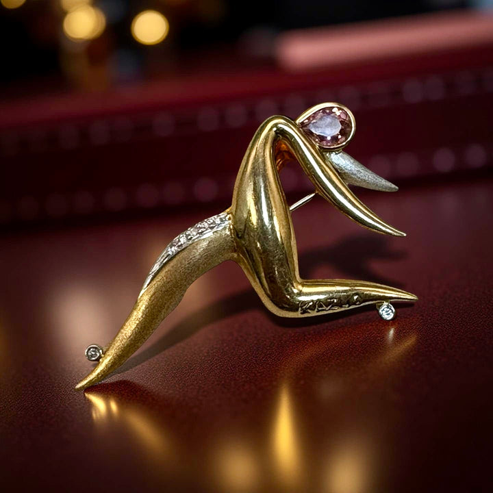 Designer Kazuo Ogana Diamond and Kunzite Platinum and 18kt Yellow Gold Ballet Dancer Pendant/Brooch