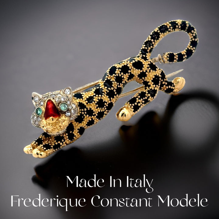Estate Italian Designer Frederique Constant Modele Diamond Emerald Red & Black Enamel Panther Brooch 15559