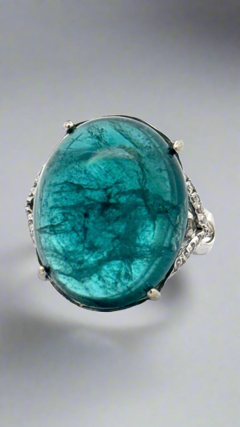 Large Oval Cabochon Tourmaline Diamond 18kt White Gold Statement Ring