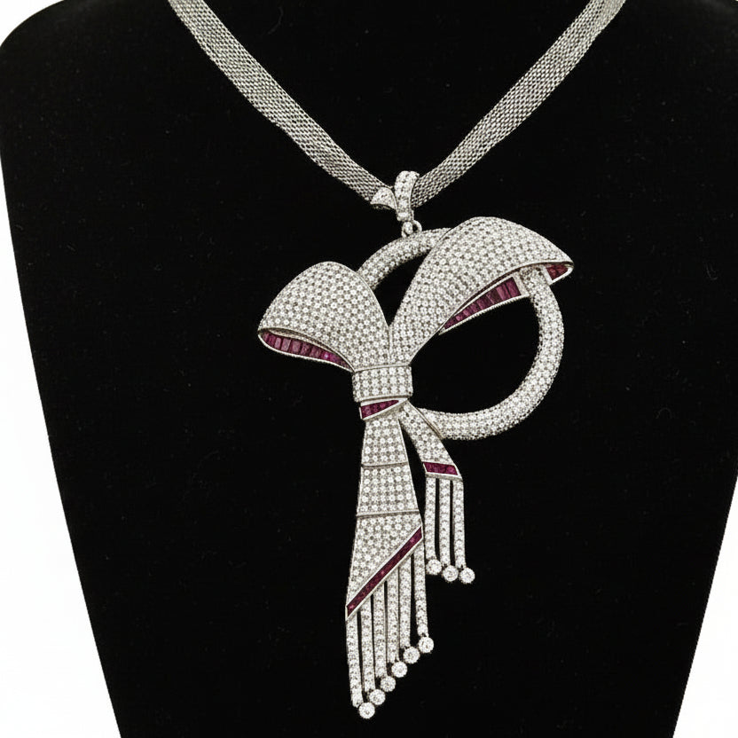 1970's Bow Motif Necklace/Brooch Diamond and Ruby 18K White Gold