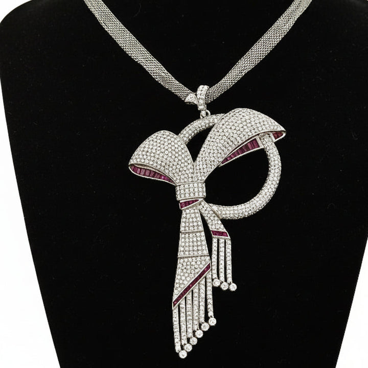 1970's Bow Motif Necklace/Brooch Diamond and Ruby 18K White Gold