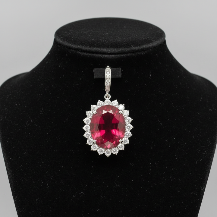 13.71ct Oval Pink Tourmaline Diamond and Platinum Pendant