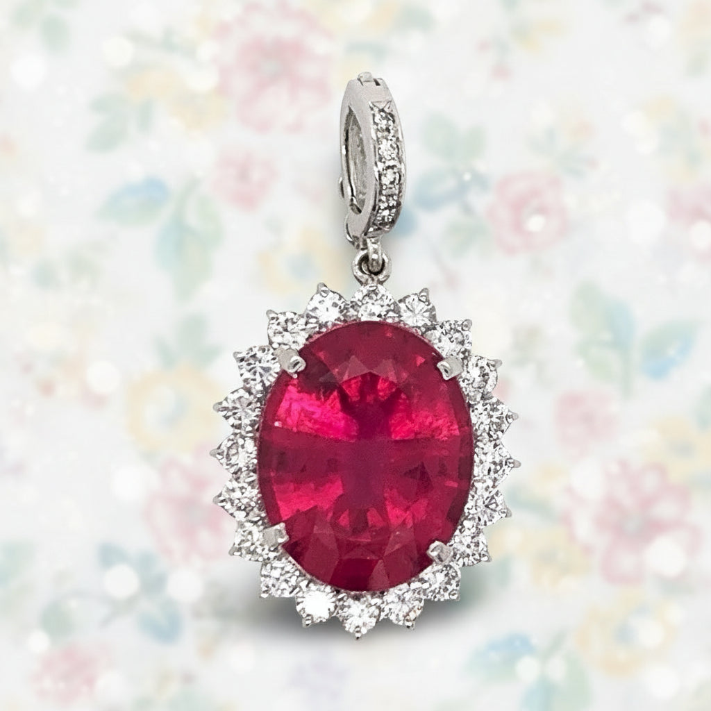 13.71ct Oval Pink Tourmaline Diamond and Platinum Pendant