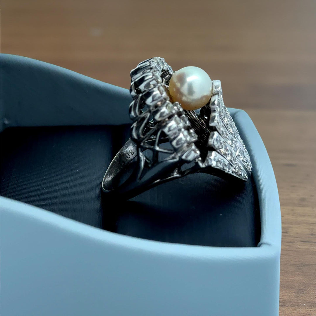 Oyster Cultured Pearl and Diamond Platinum Ring