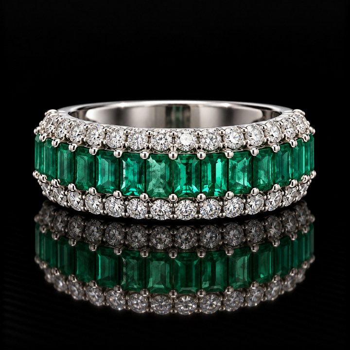 Estate Designer Fine Emerald & Diamond 18KT White Gold Ring